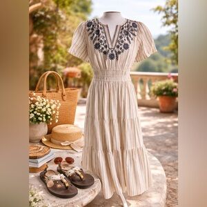 Kate & Sam Embroidered Tiered gathered Striped Boho Peasant Festival Dress white